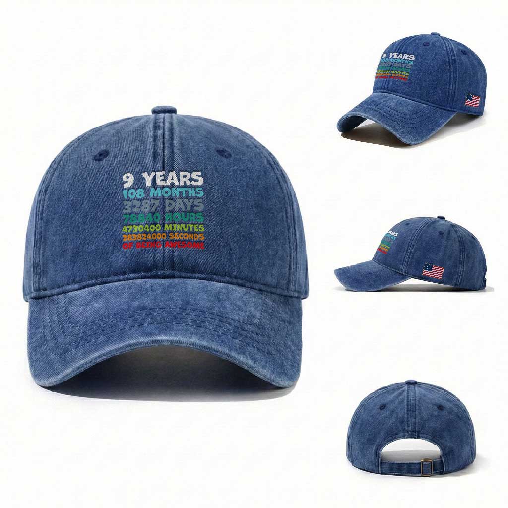 9 Year Old Bday Washed Cotton Baseball Cap Son Boy 9yr 9th Birthday Gifts