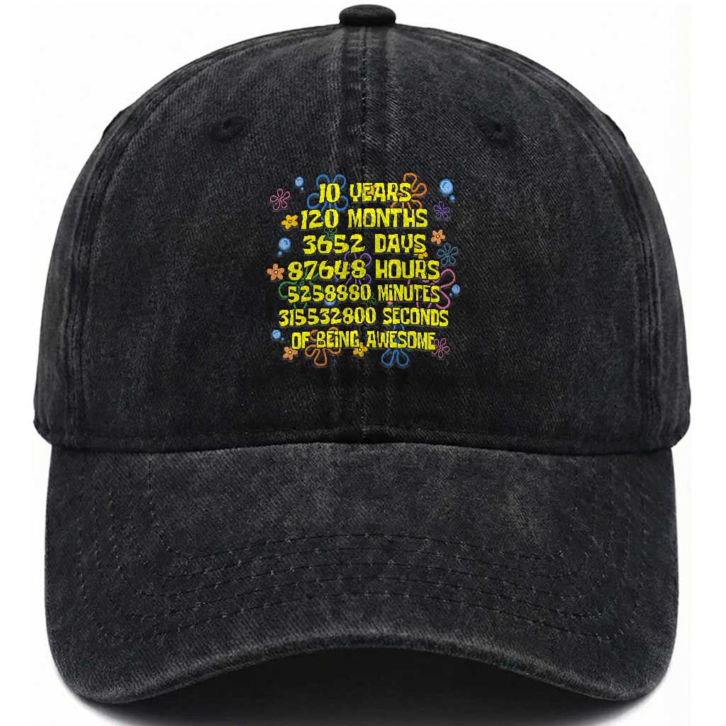 10th Birthday Gifts Washed Cotton Baseball Cap Flowers 10 Years Of Being Awesome 10 Year Old Bday
