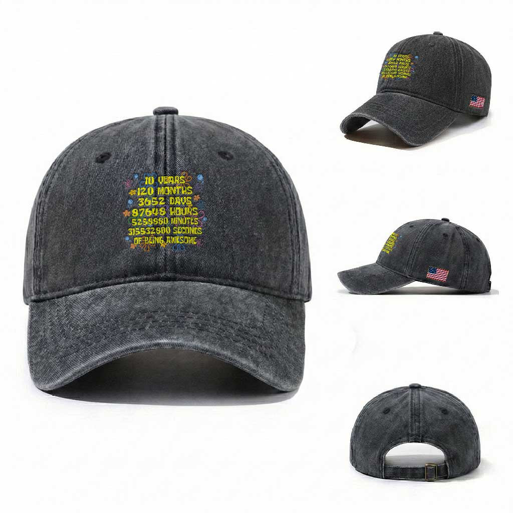 10th Birthday Gifts Washed Cotton Baseball Cap Flowers 10 Years Of Being Awesome 10 Year Old Bday