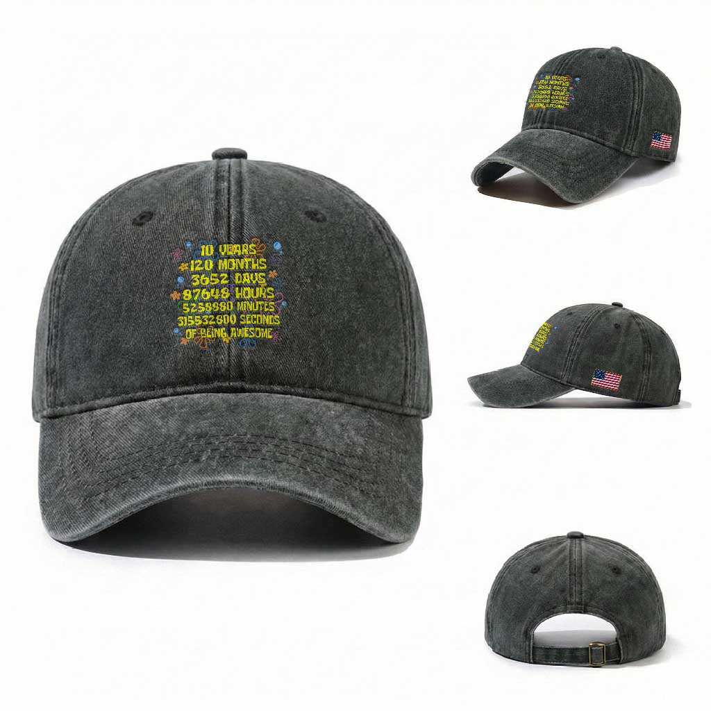 10th Birthday Gifts Washed Cotton Baseball Cap Flowers 10 Years Of Being Awesome 10 Year Old Bday