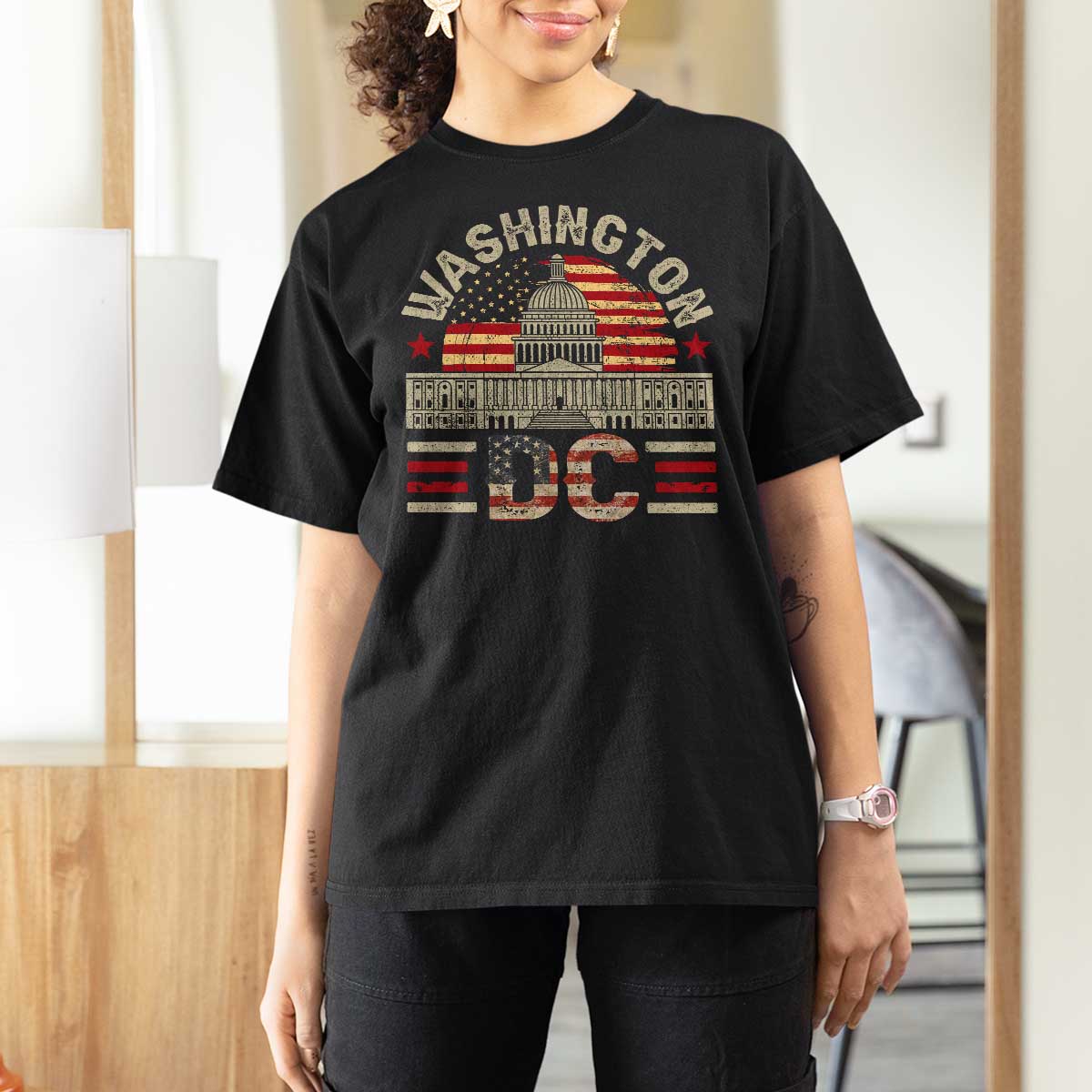 Washington DC T Shirt For Women Retro US Flag Souvenir Gift