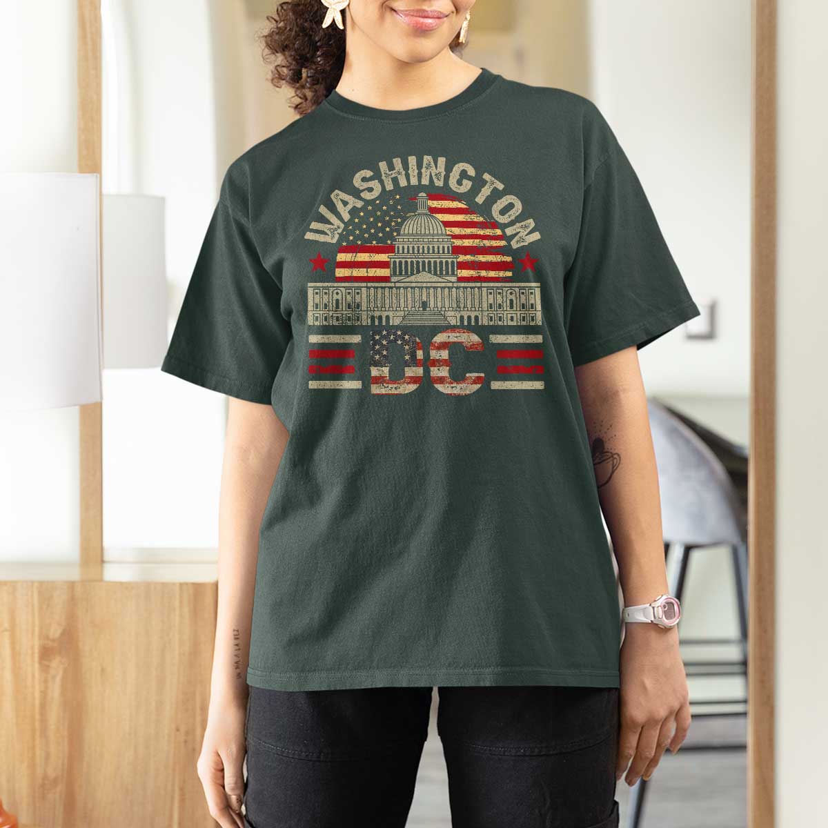 Washington DC T Shirt For Women Retro US Flag Souvenir Gift