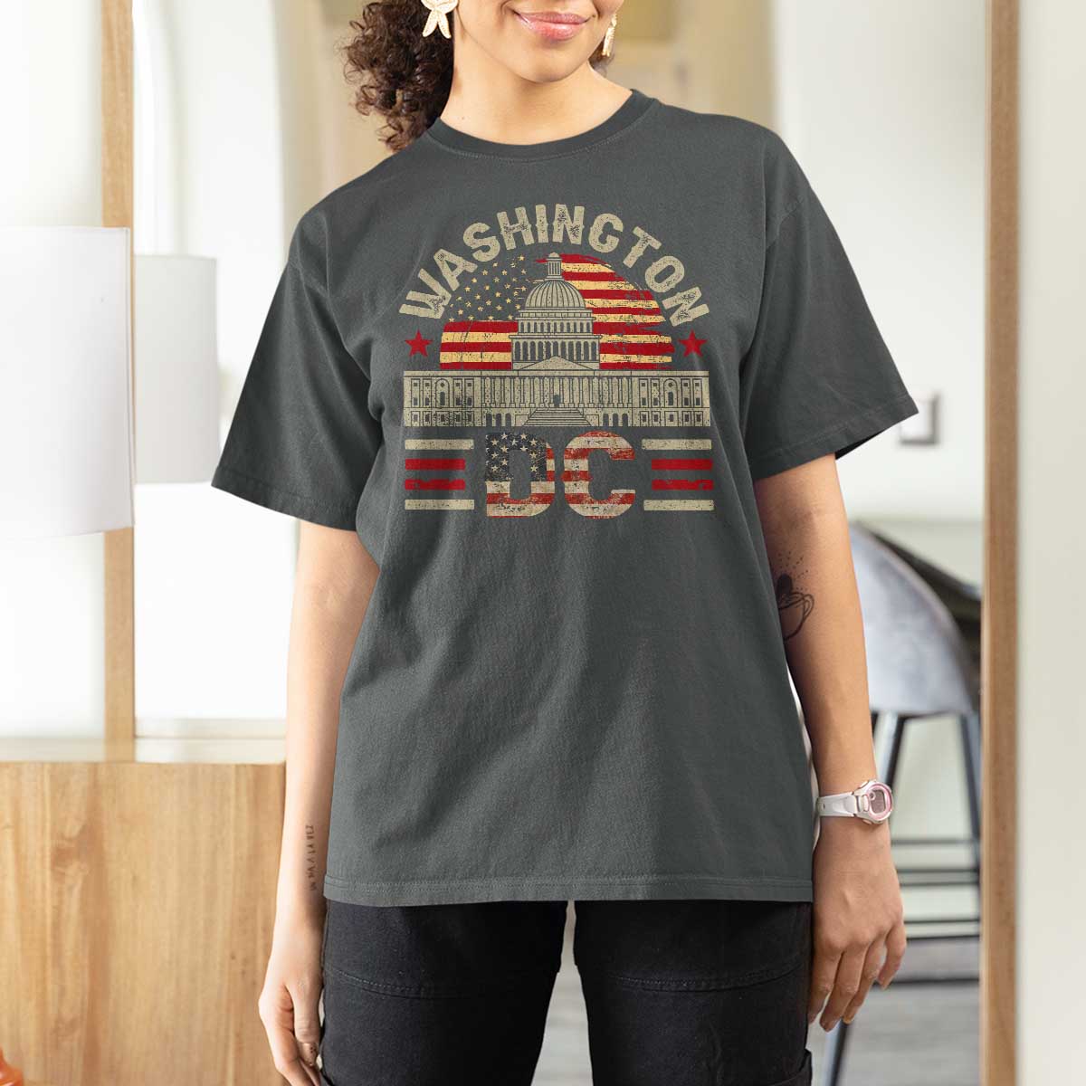 Washington DC T Shirt For Women Retro US Flag Souvenir Gift