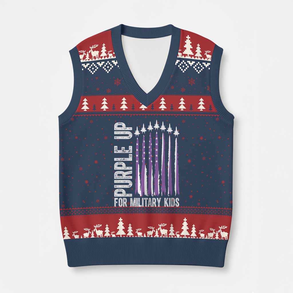 Purple Up For Military Kids V-Neck Knit Sweater Vest US Flag Military Child Support