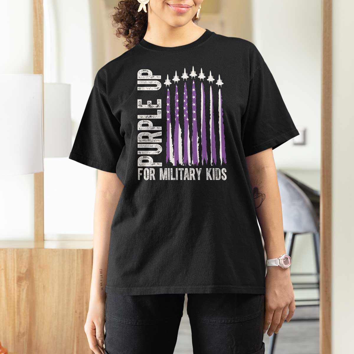 Purple Up For Military Kids T Shirt For Women US Flag Military Child Support