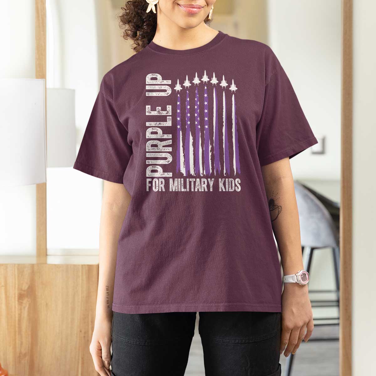 Purple Up For Military Kids T Shirt For Women US Flag Military Child Support