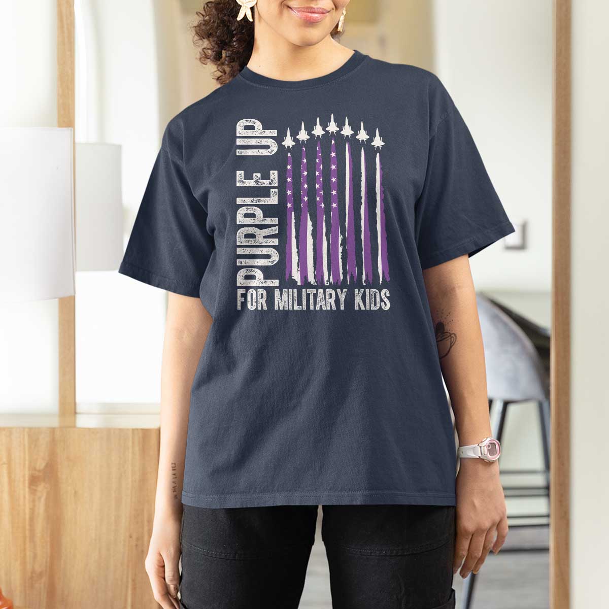 Purple Up For Military Kids T Shirt For Women US Flag Military Child Support