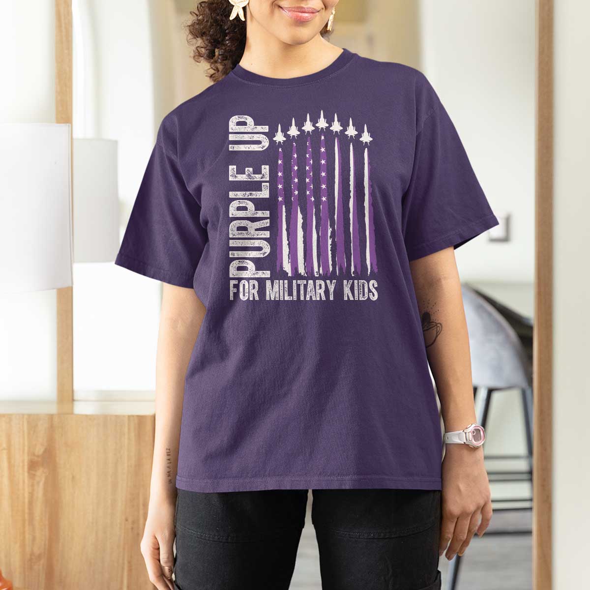 Purple Up For Military Kids T Shirt For Women US Flag Military Child Support