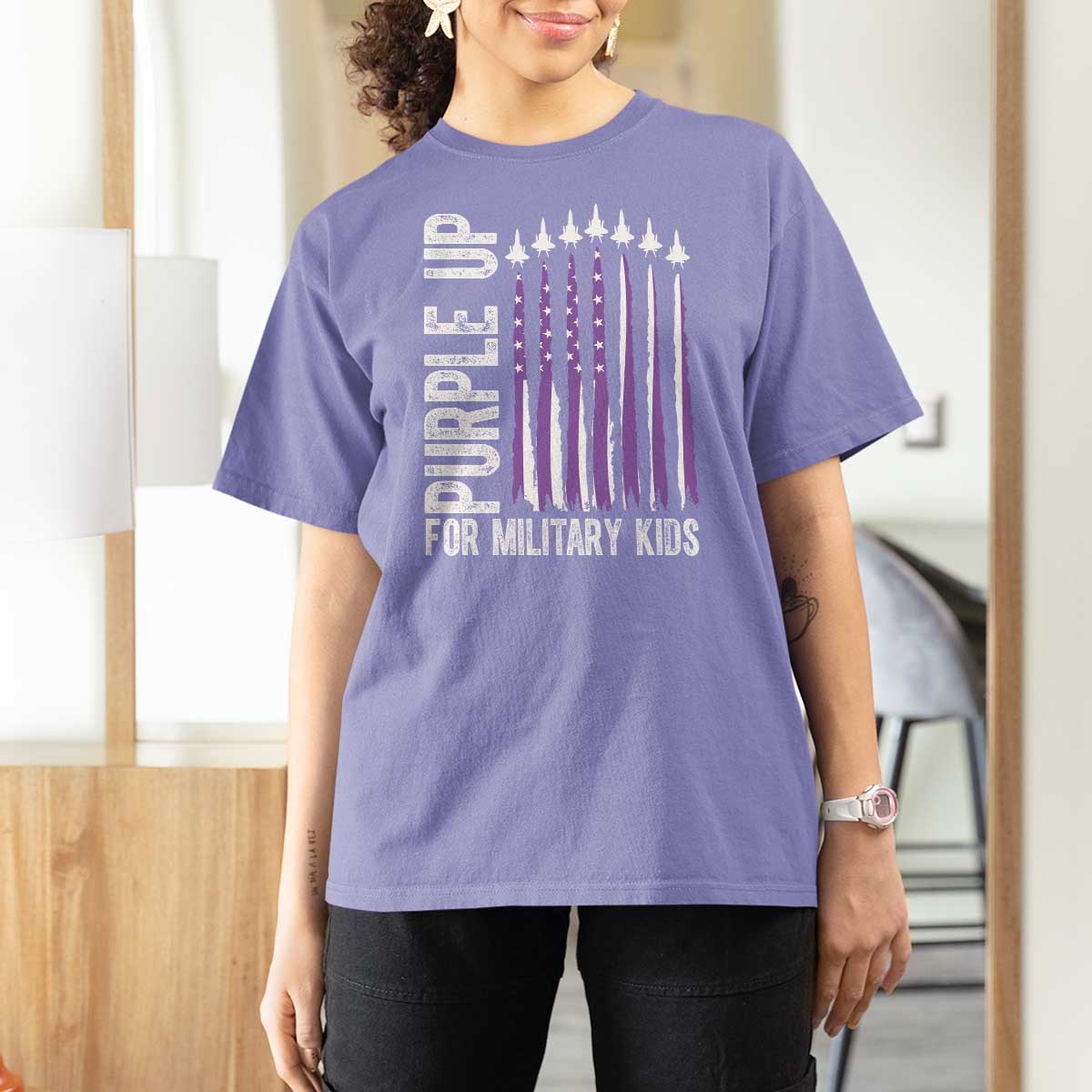 Purple Up For Military Kids T Shirt For Women US Flag Military Child Support