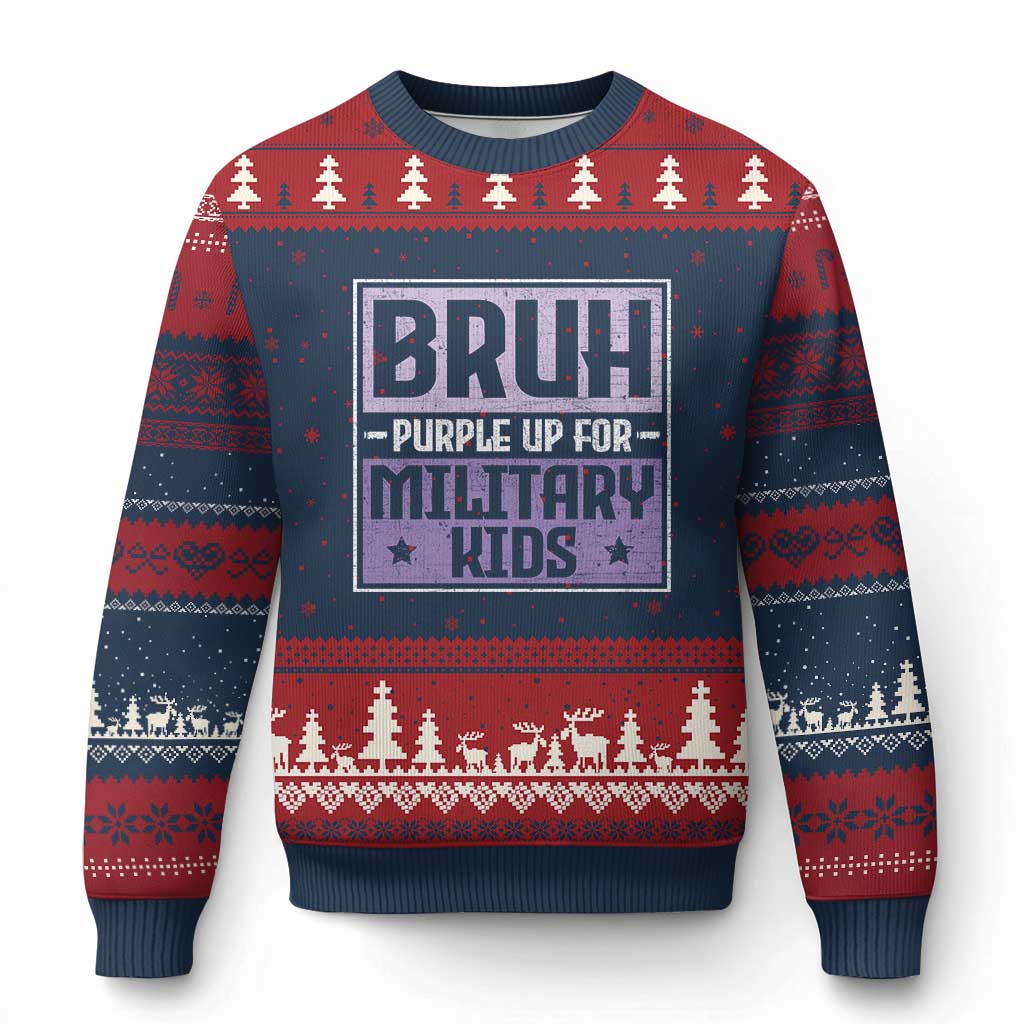 Bruh Purple Up For Military Kids Ugly Christmas Sweater Support Military Kids