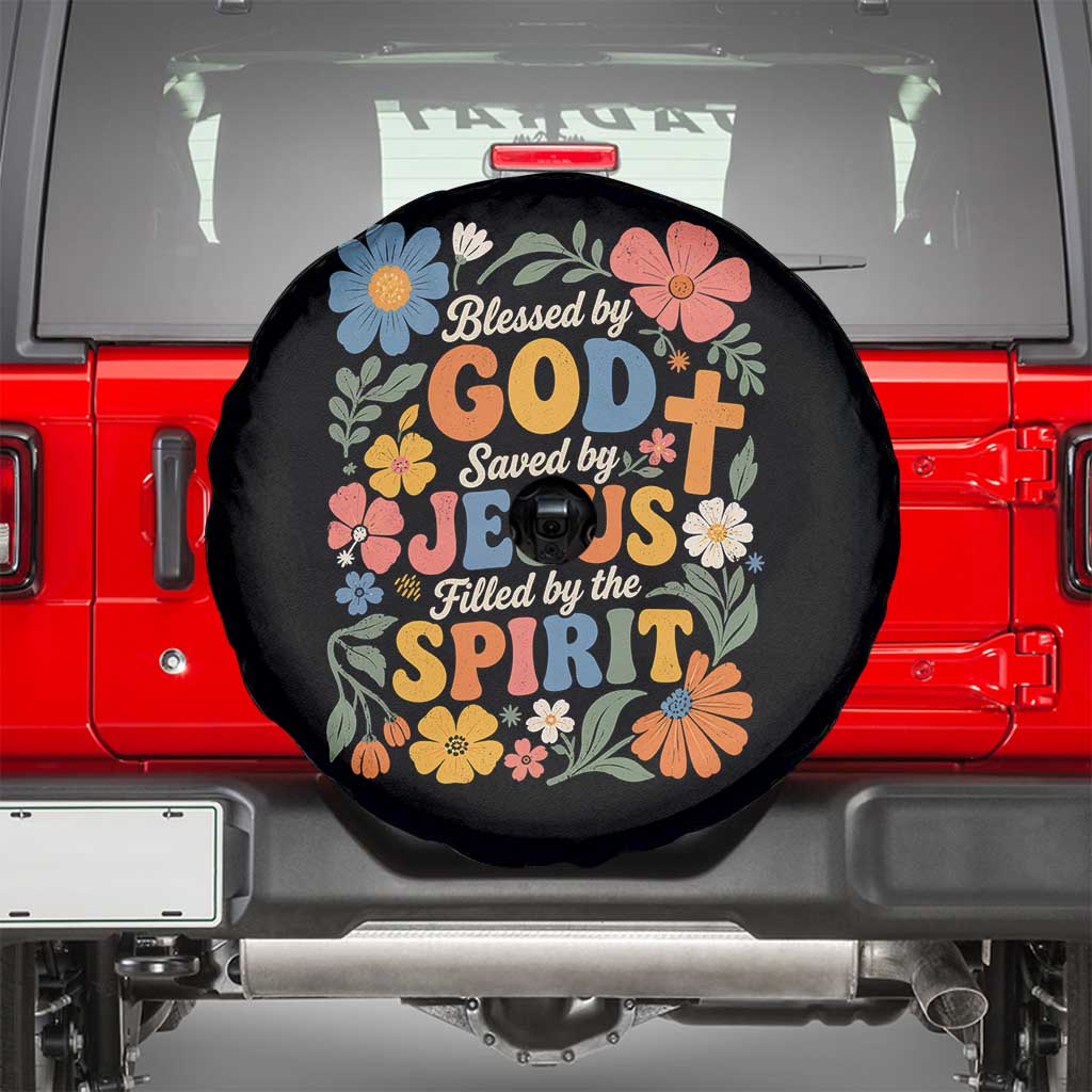Boho Floral Christian Spare Tire Cover Blessed Saved By Jesus Cross Flower