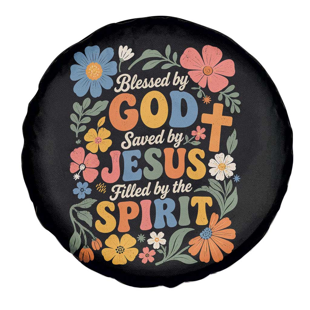 Boho Floral Christian Spare Tire Cover Blessed Saved By Jesus Cross Flower