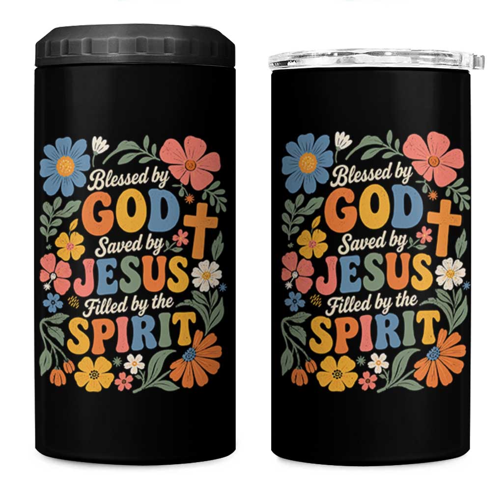 Boho Floral Christian 4 in 1 Can Cooler Tumbler Blessed Saved By Jesus Cross Flower