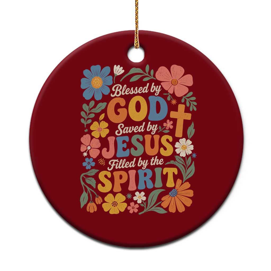 Boho Floral Christian Ceramic Ornament Blessed Saved By Jesus Cross Flower