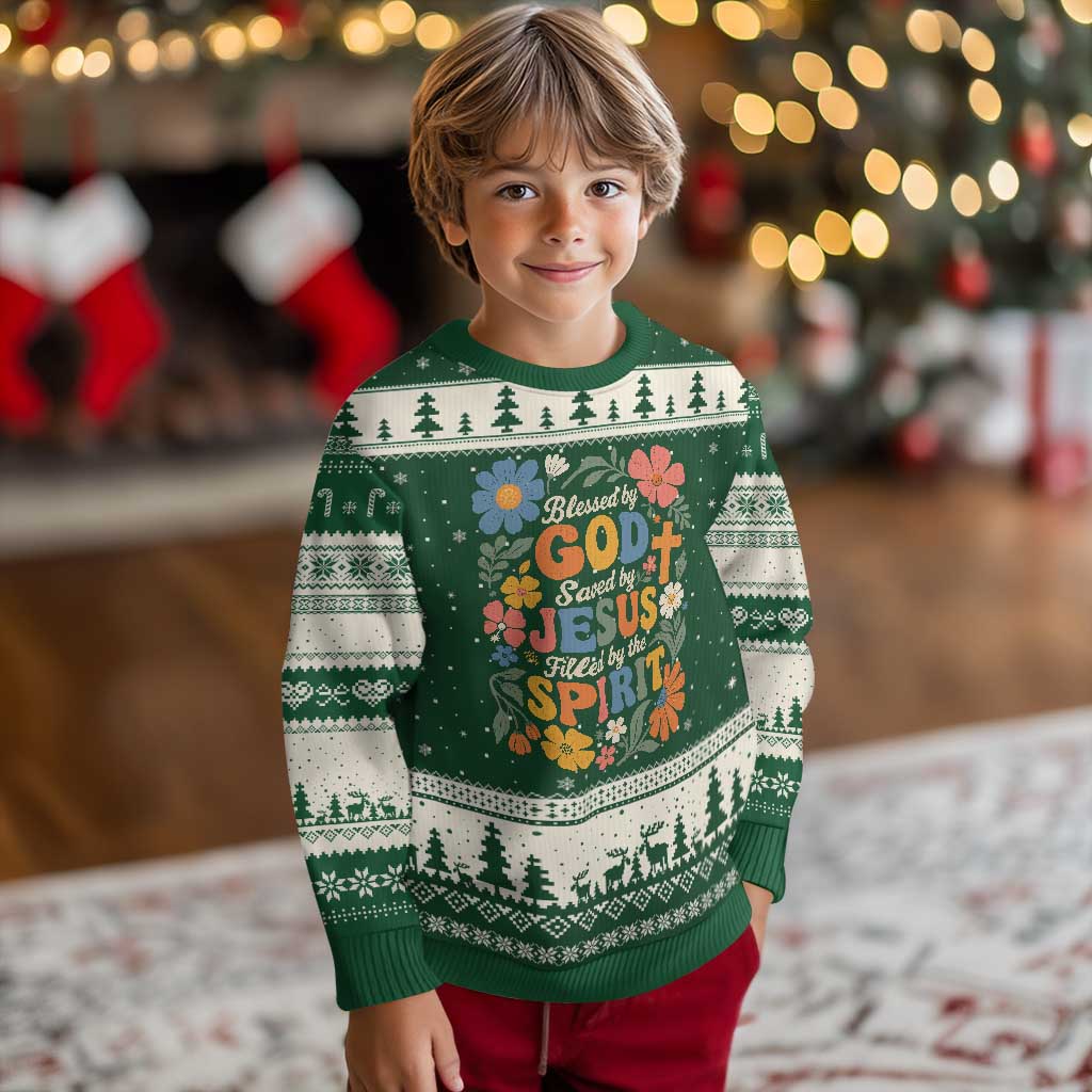 Boho Floral Christian Ugly Christmas Sweater Blessed Saved By Jesus Cross Flower