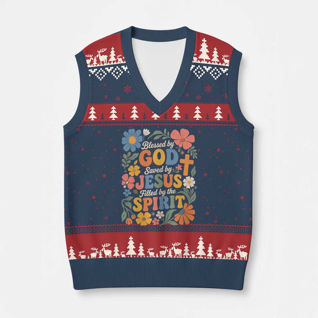 Boho Floral Christian V-Neck Knit Sweater Vest Blessed Saved By Jesus Cross Flower