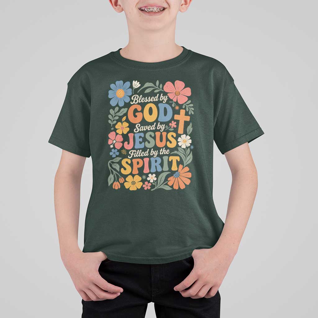 Boho Floral Christian T Shirt For Kid Blessed Saved By Jesus Cross Flower