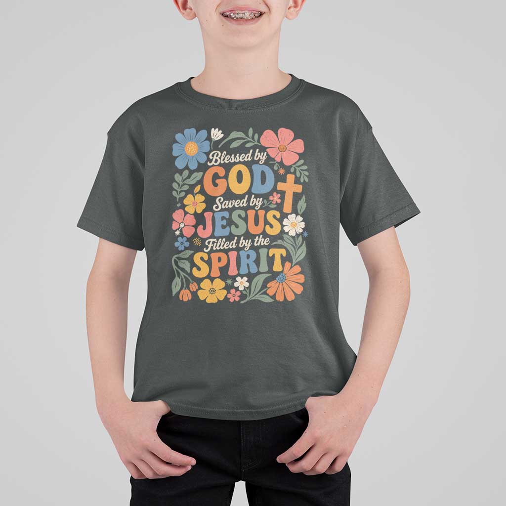 Boho Floral Christian T Shirt For Kid Blessed Saved By Jesus Cross Flower