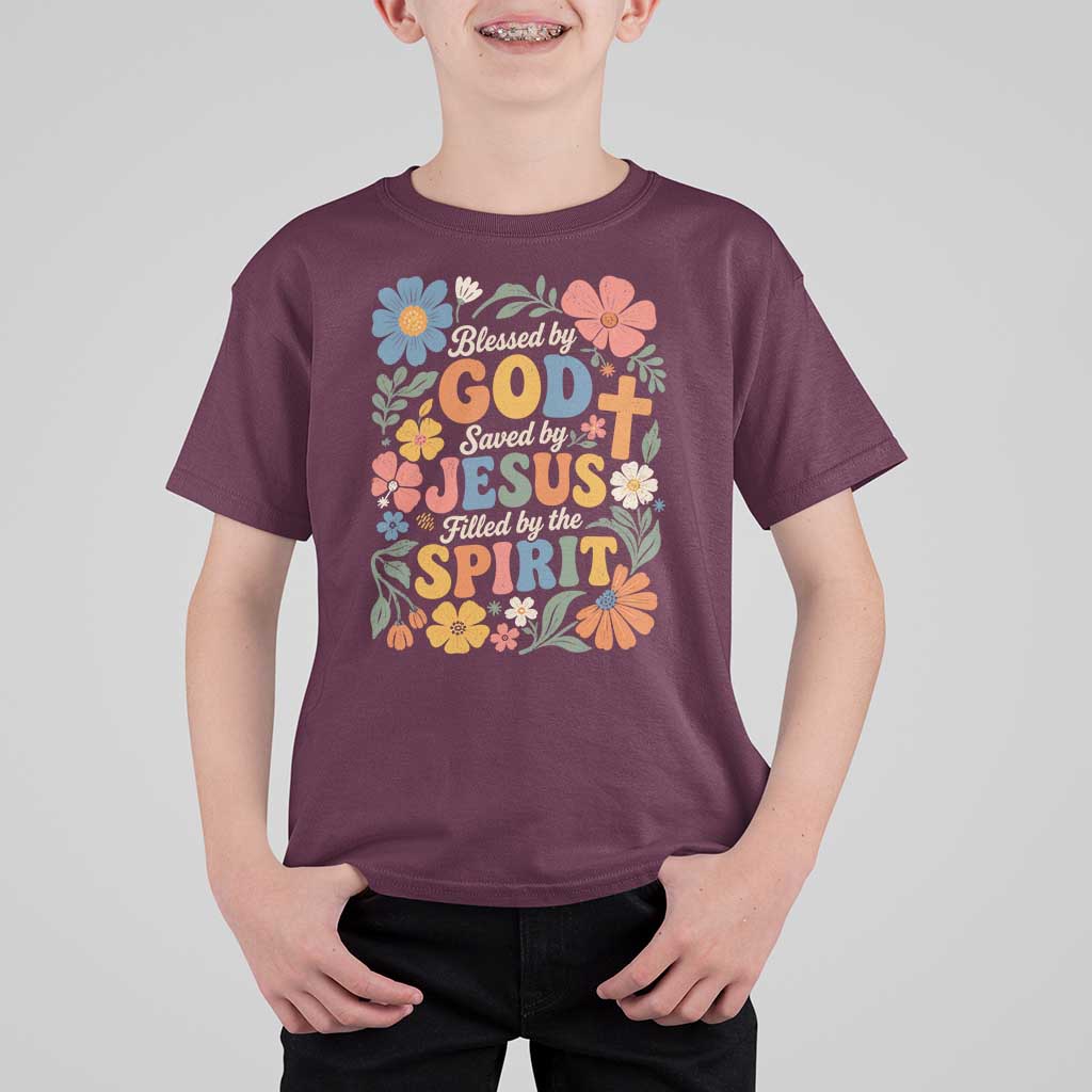 Boho Floral Christian T Shirt For Kid Blessed Saved By Jesus Cross Flower