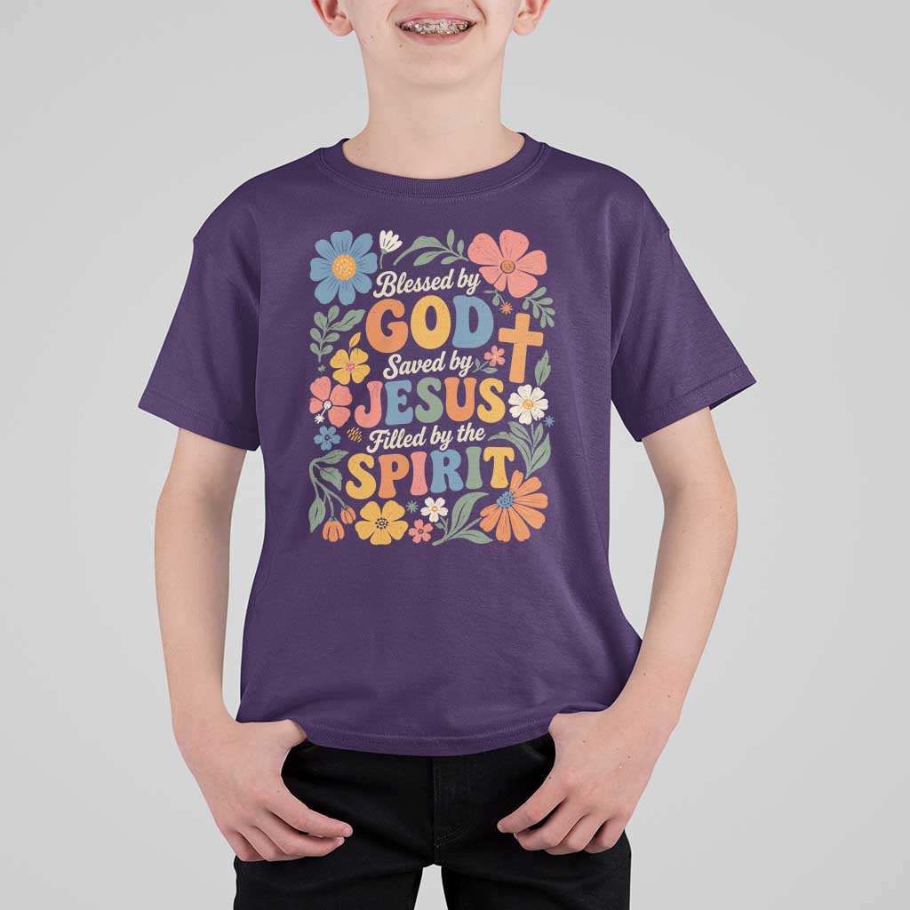Boho Floral Christian T Shirt For Kid Blessed Saved By Jesus Cross Flower