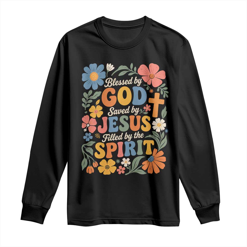 Boho Floral Christian Long Sleeve Shirt Blessed Saved By Jesus Cross Flower