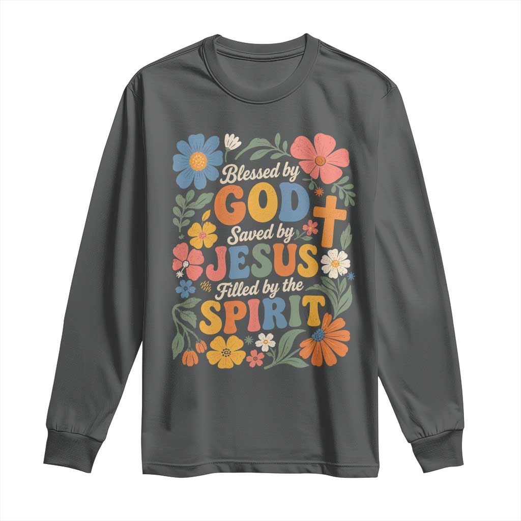 Boho Floral Christian Long Sleeve Shirt Blessed Saved By Jesus Cross Flower