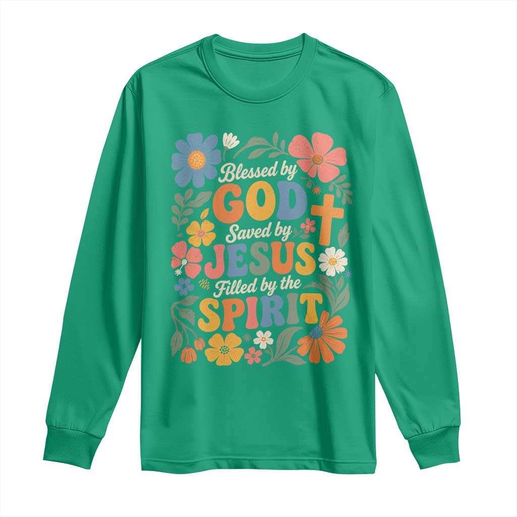 Boho Floral Christian Long Sleeve Shirt Blessed Saved By Jesus Cross Flower