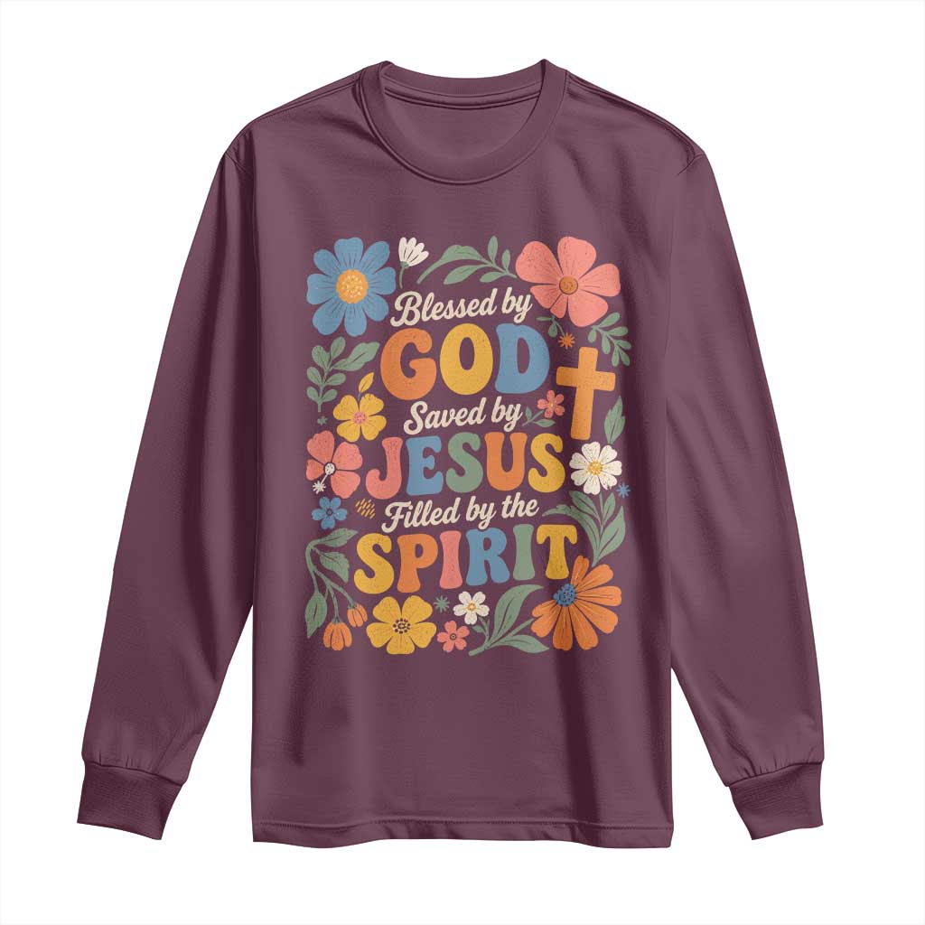 Boho Floral Christian Long Sleeve Shirt Blessed Saved By Jesus Cross Flower