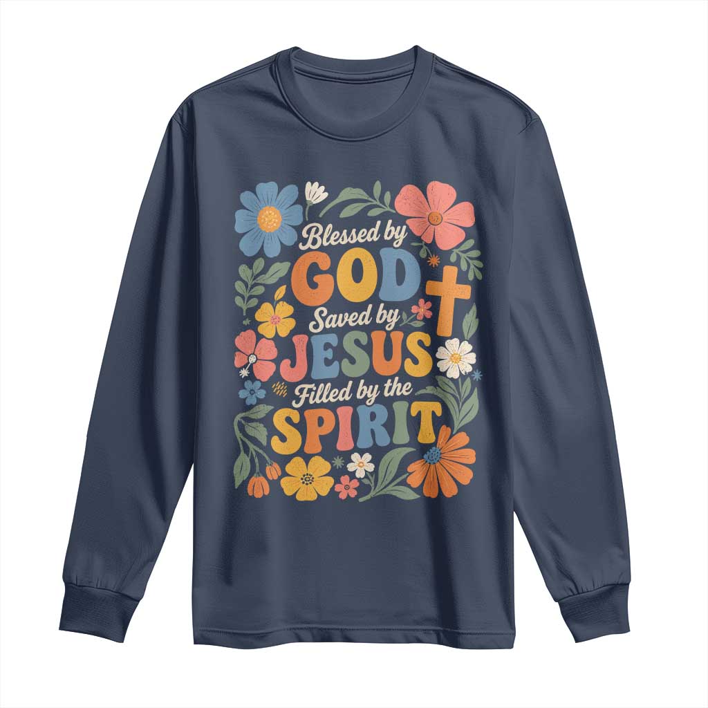 Boho Floral Christian Long Sleeve Shirt Blessed Saved By Jesus Cross Flower