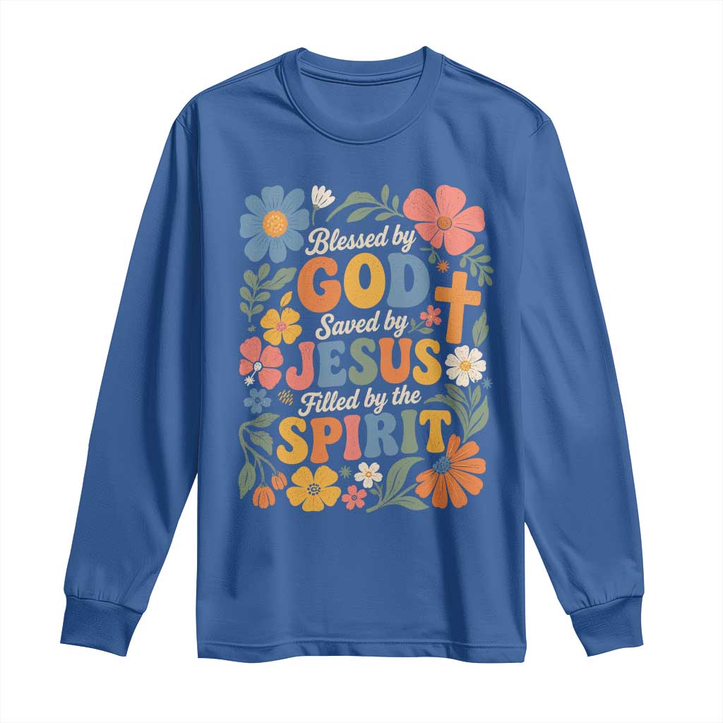 Boho Floral Christian Long Sleeve Shirt Blessed Saved By Jesus Cross Flower