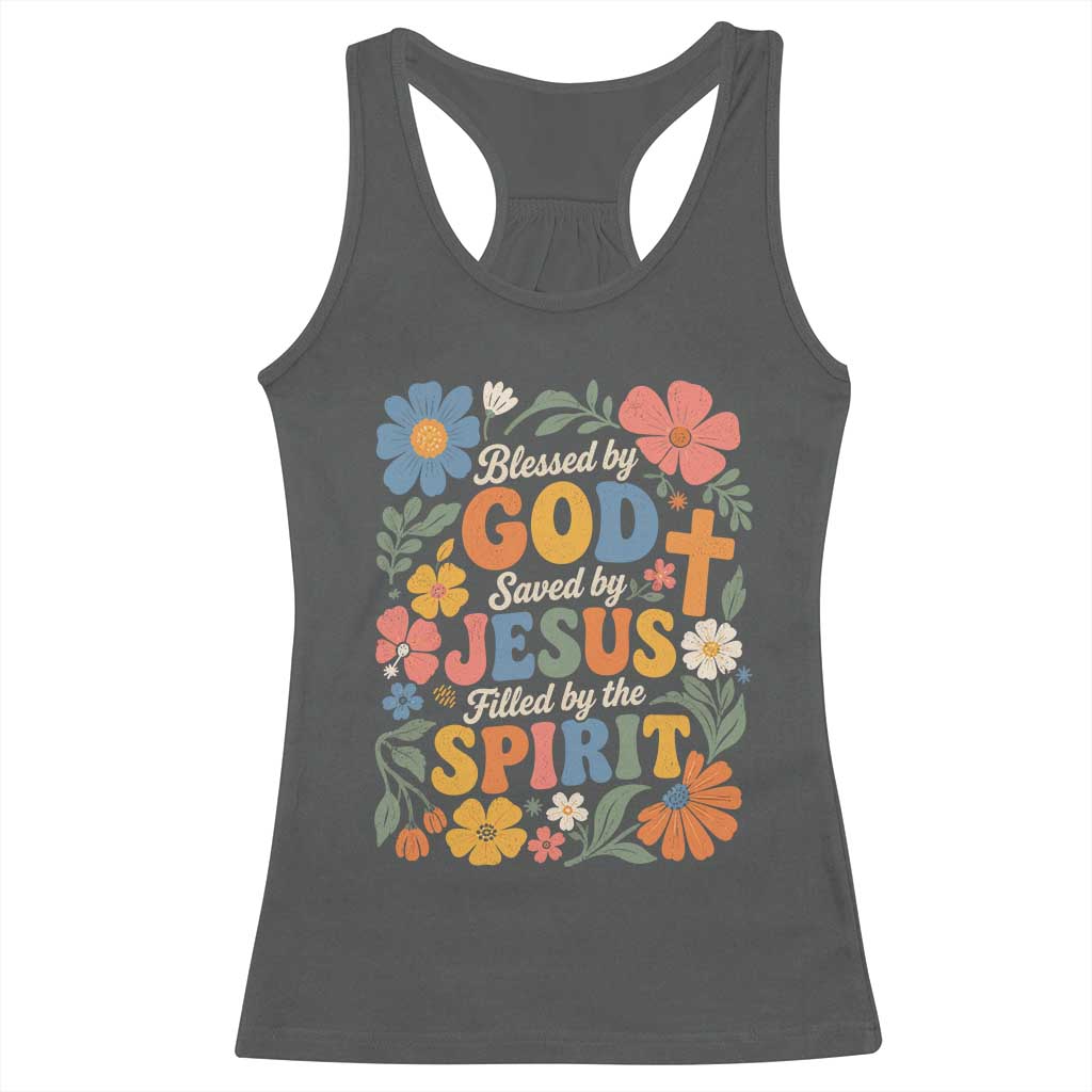 Boho Floral Christian Racerback Tank Top Blessed Saved By Jesus Cross Flower