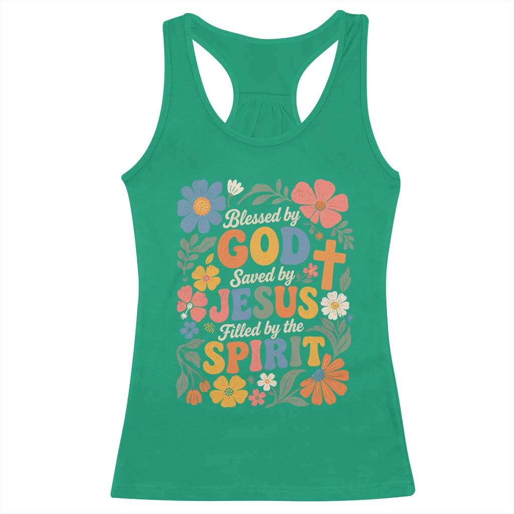 Boho Floral Christian Racerback Tank Top Blessed Saved By Jesus Cross Flower