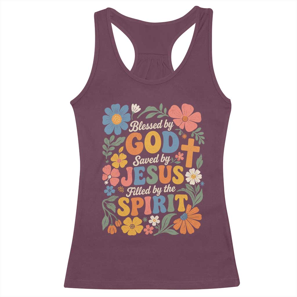 Boho Floral Christian Racerback Tank Top Blessed Saved By Jesus Cross Flower