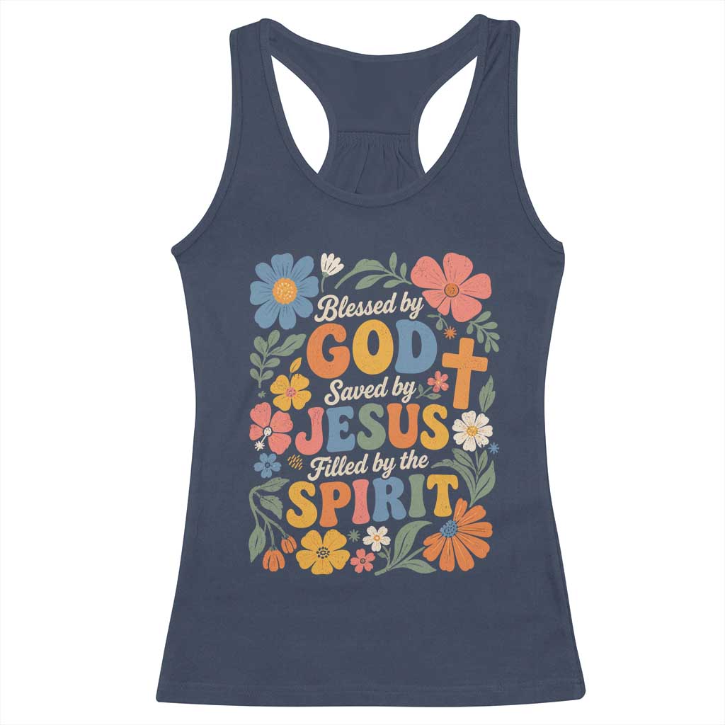 Boho Floral Christian Racerback Tank Top Blessed Saved By Jesus Cross Flower