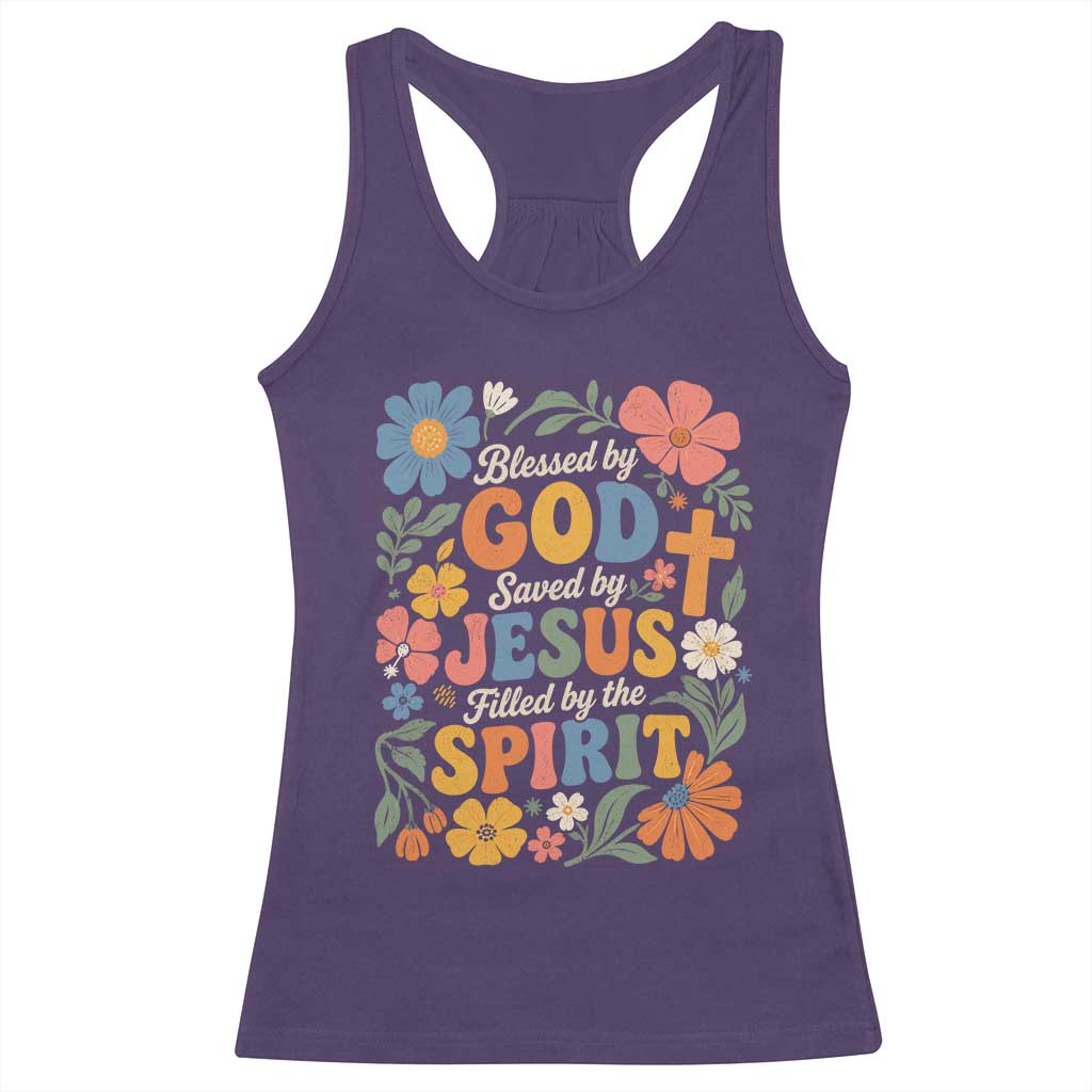 Boho Floral Christian Racerback Tank Top Blessed Saved By Jesus Cross Flower