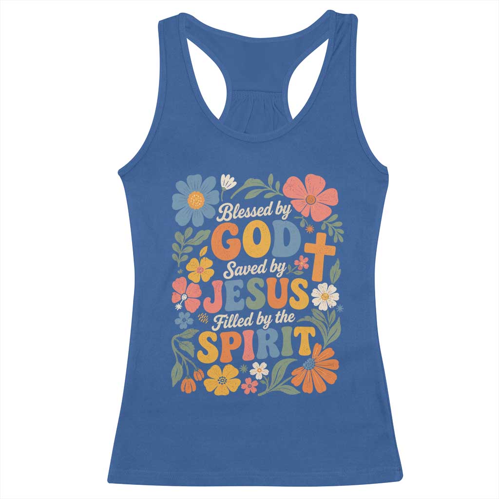 Boho Floral Christian Racerback Tank Top Blessed Saved By Jesus Cross Flower
