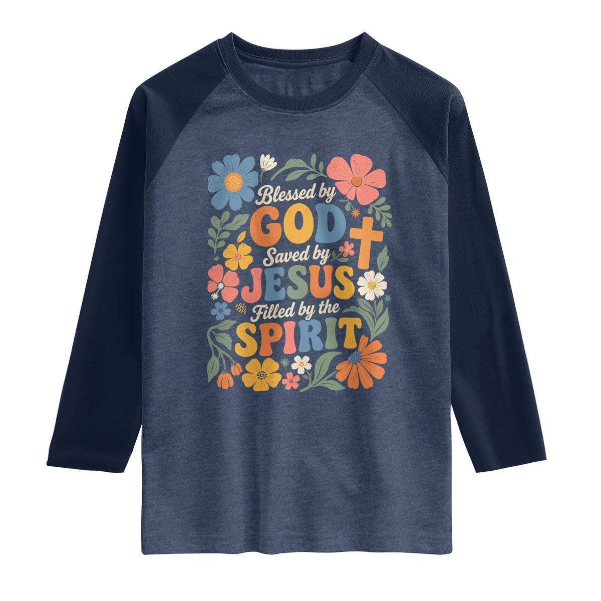Boho Floral Christian Raglan Shirt Blessed Saved By Jesus Cross Flower