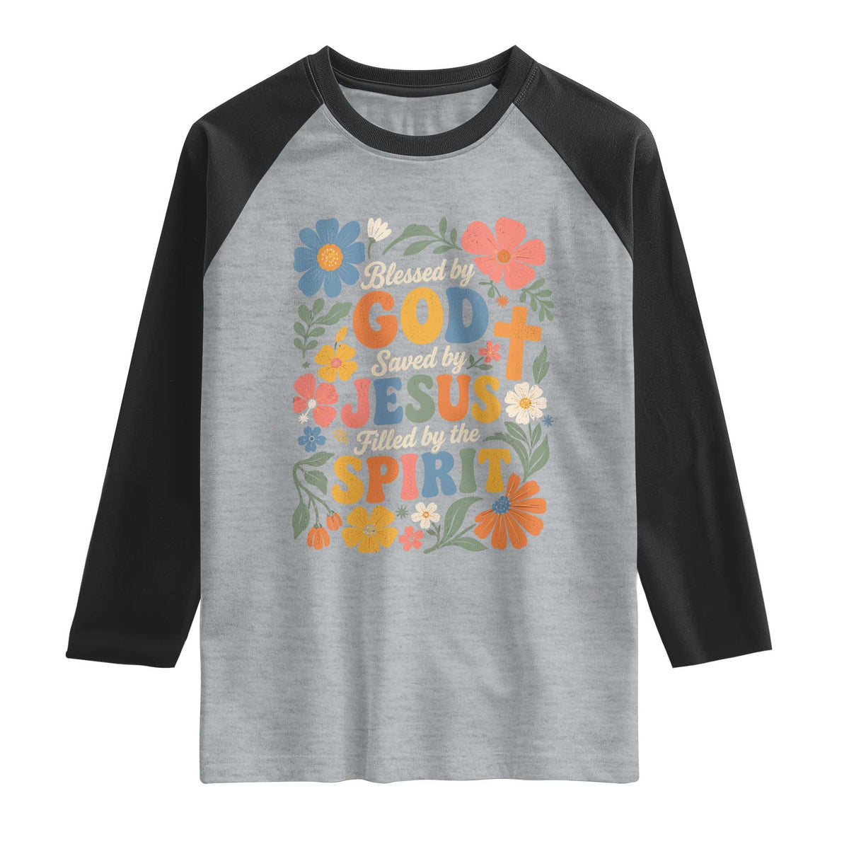 Boho Floral Christian Raglan Shirt Blessed Saved By Jesus Cross Flower
