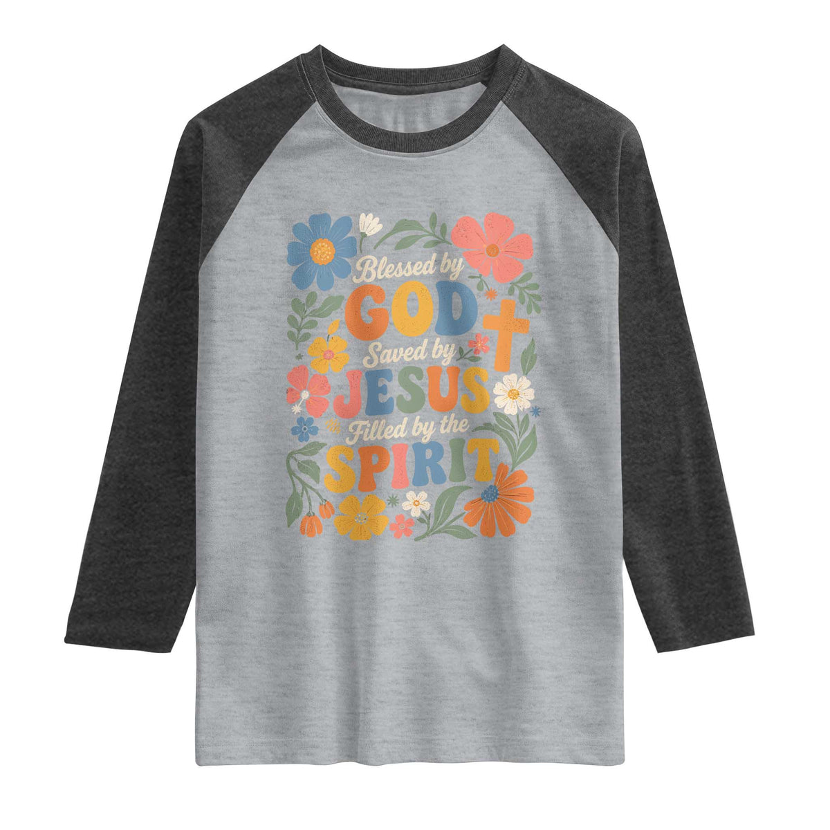Boho Floral Christian Raglan Shirt Blessed Saved By Jesus Cross Flower
