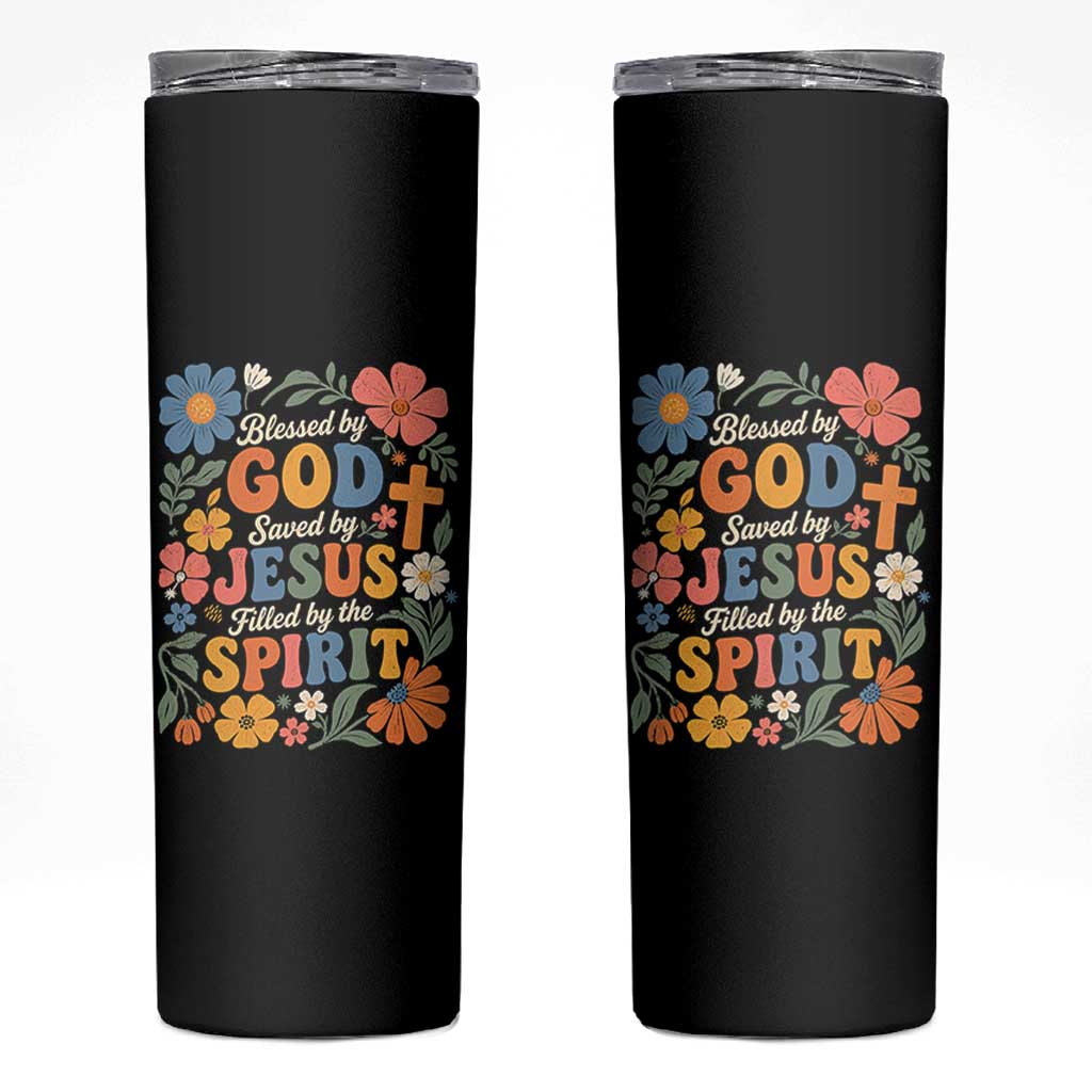 Boho Floral Christian Skinny Tumbler Blessed Saved By Jesus Cross Flower