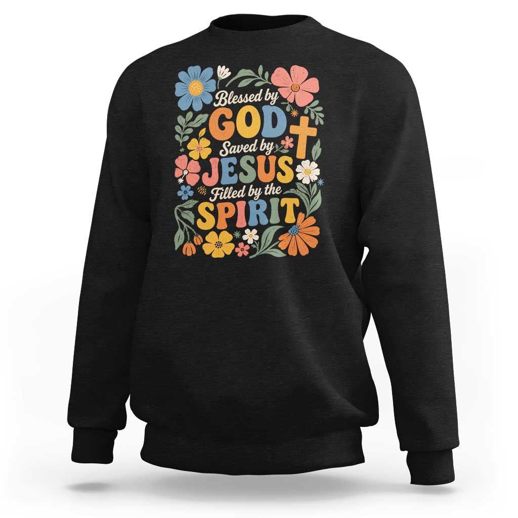 Boho Floral Christian Sweatshirt Blessed Saved By Jesus Cross Flower