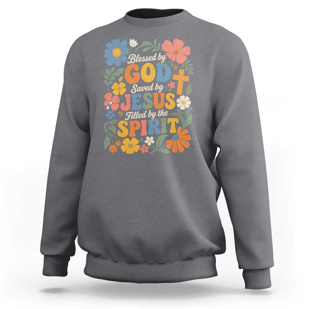 Boho Floral Christian Sweatshirt Blessed Saved By Jesus Cross Flower