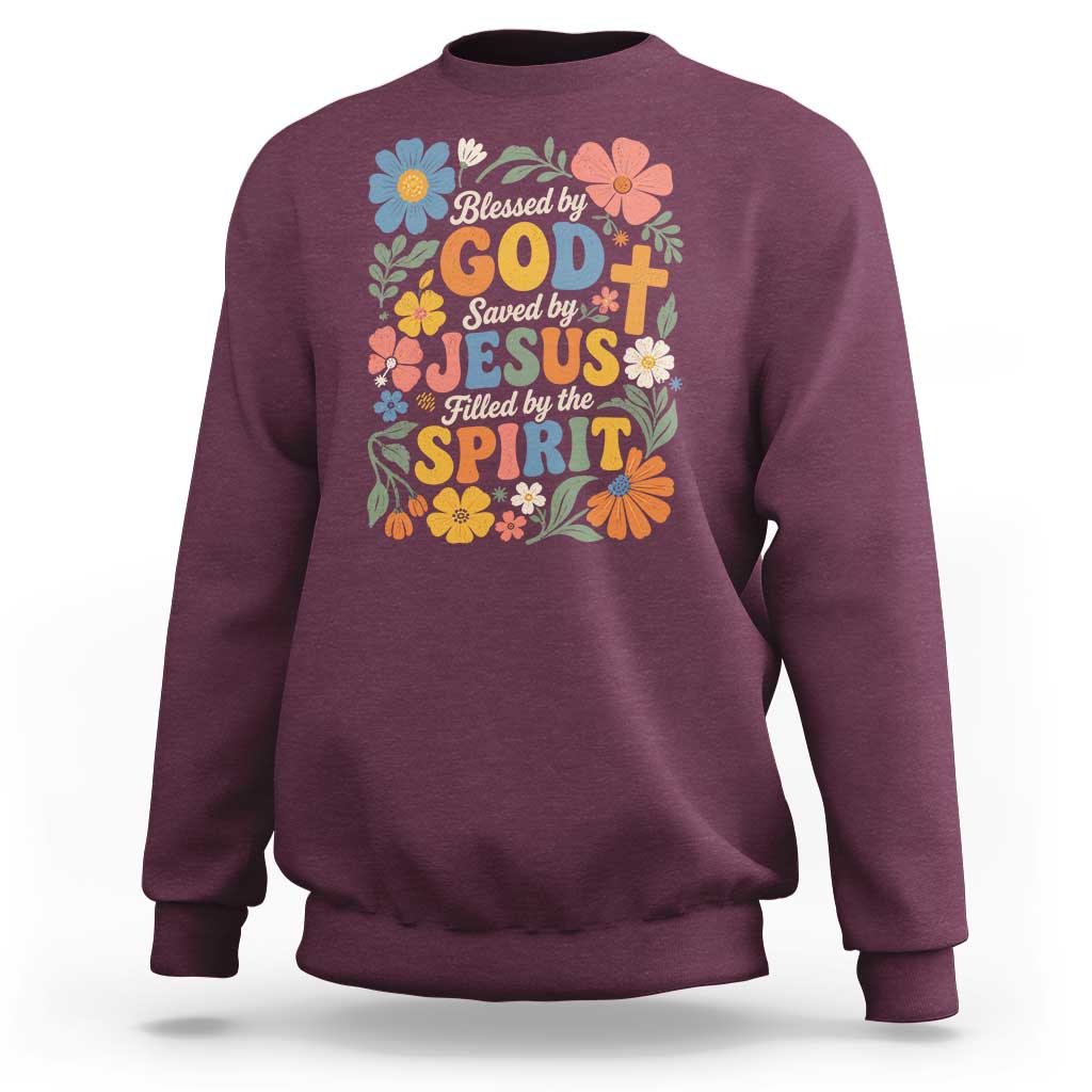 Boho Floral Christian Sweatshirt Blessed Saved By Jesus Cross Flower