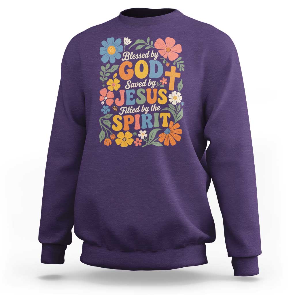 Boho Floral Christian Sweatshirt Blessed Saved By Jesus Cross Flower