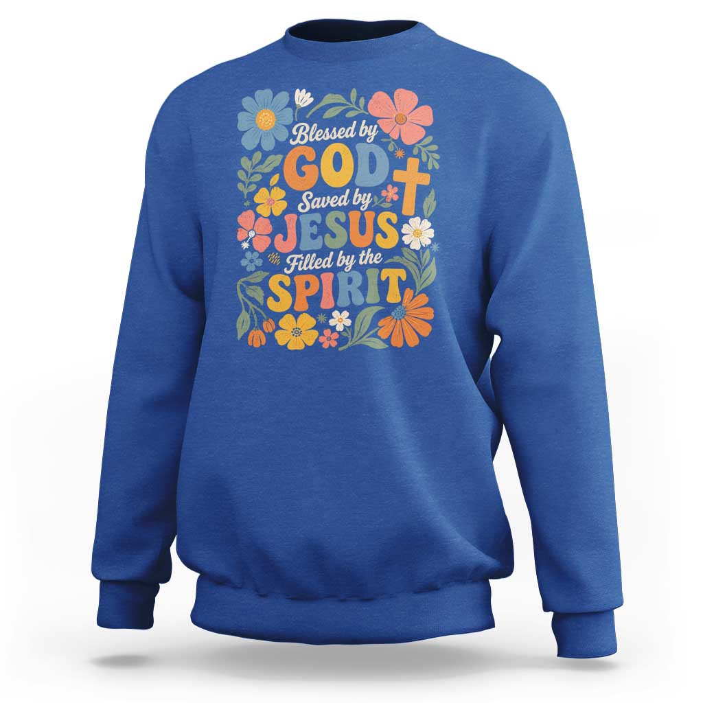 Boho Floral Christian Sweatshirt Blessed Saved By Jesus Cross Flower
