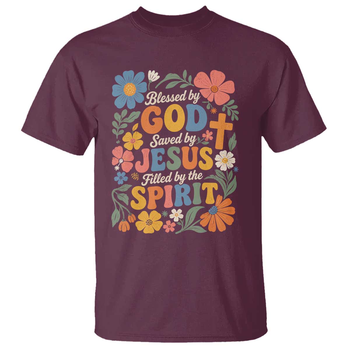 Boho Floral Christian T Shirt Blessed Saved By Jesus Cross Flower