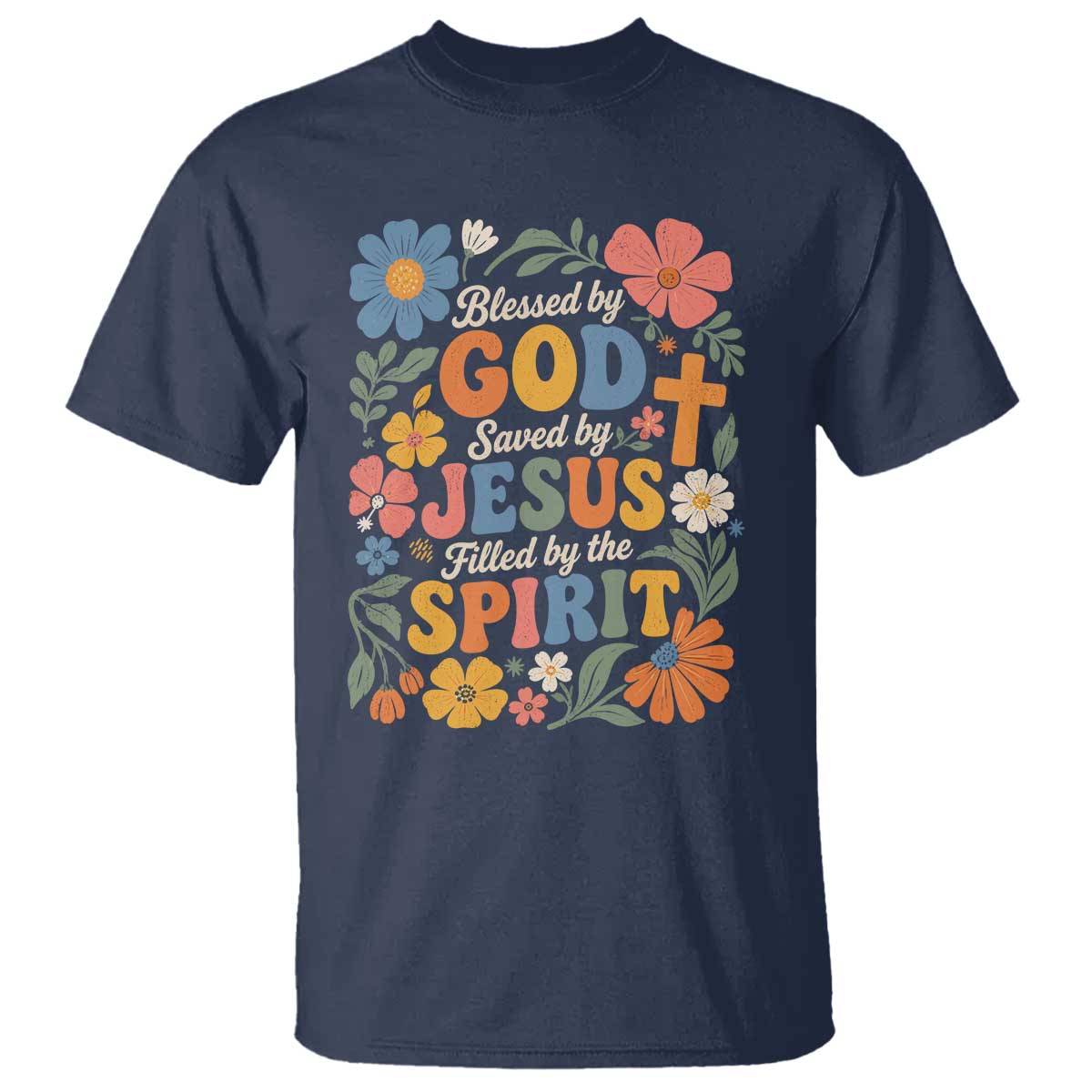 Boho Floral Christian T Shirt Blessed Saved By Jesus Cross Flower