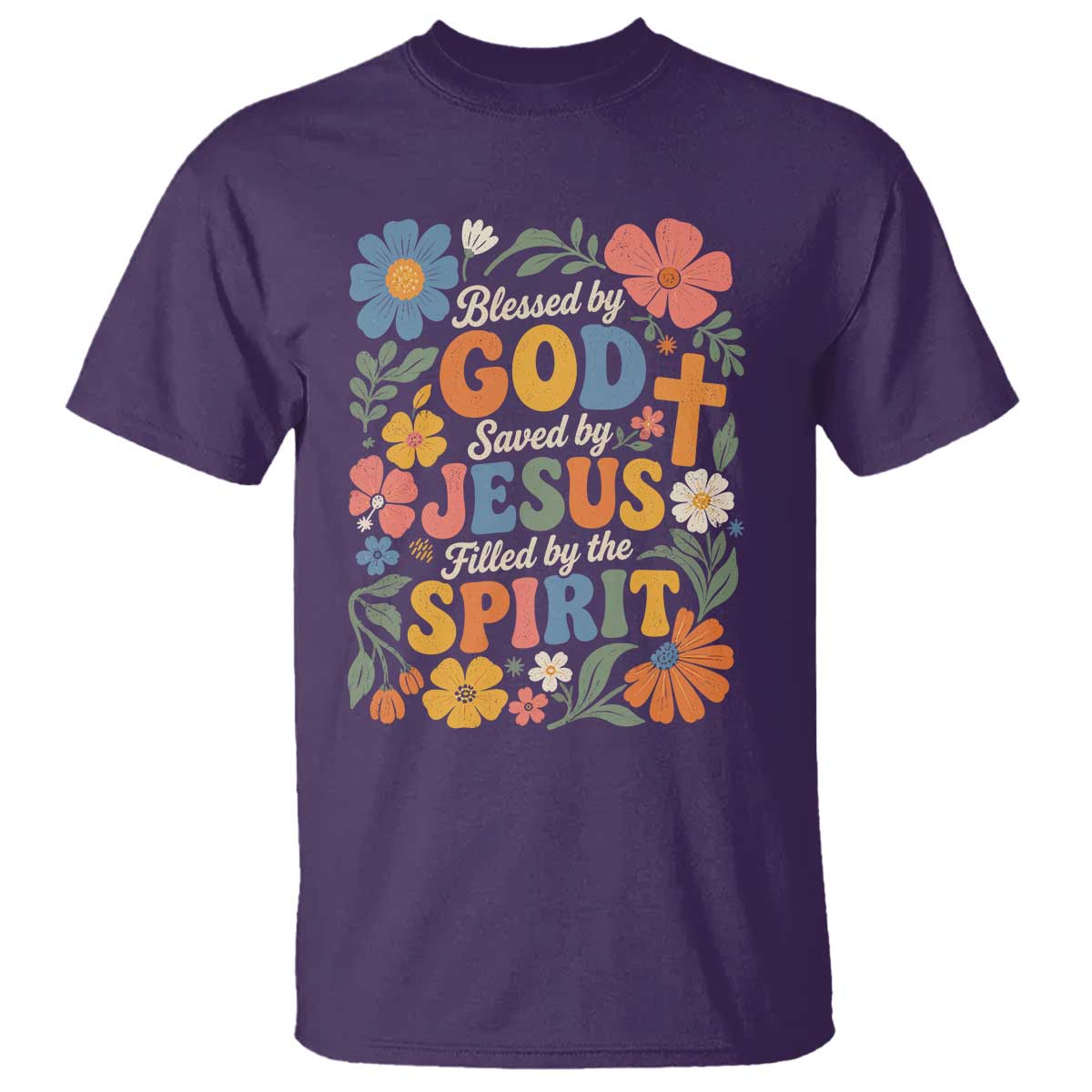 Boho Floral Christian T Shirt Blessed Saved By Jesus Cross Flower