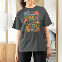 Boho Floral Christian T Shirt For Women Blessed Saved By Jesus Cross Flower