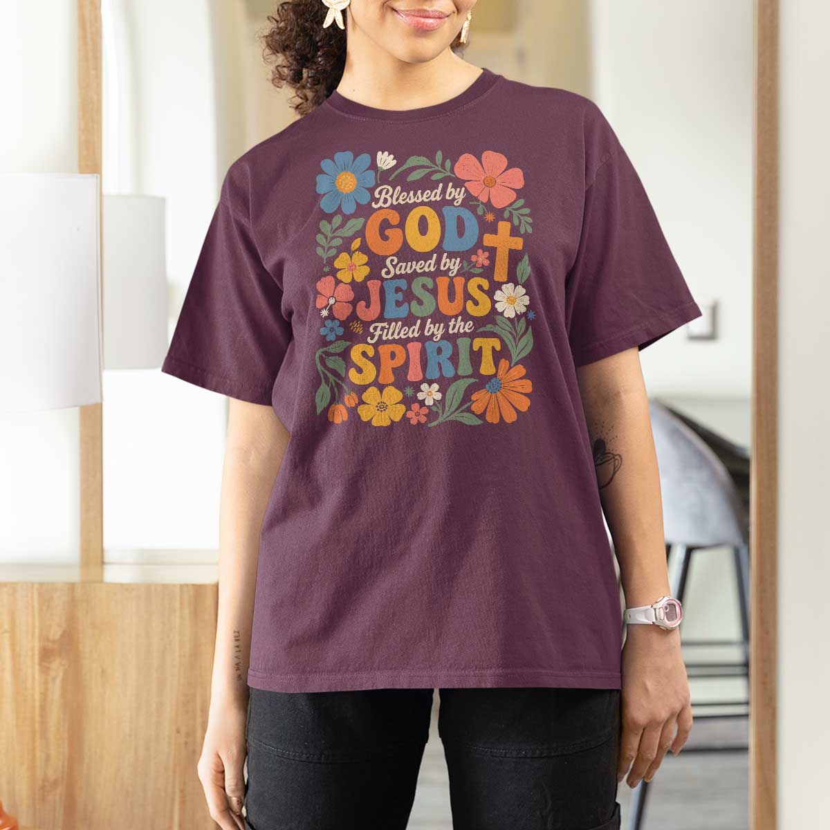 Boho Floral Christian T Shirt For Women Blessed Saved By Jesus Cross Flower